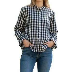 Vilagallo Womens Gingham Blouse 46 (Large) Ruffle Cuff and Neck Black White
